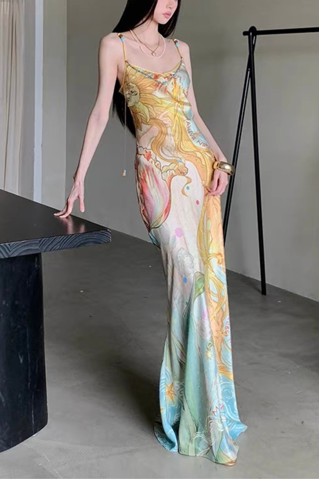 Chloe Vintage Sun Ocean Print Satin Spaghetti Strap Dress Avalabel