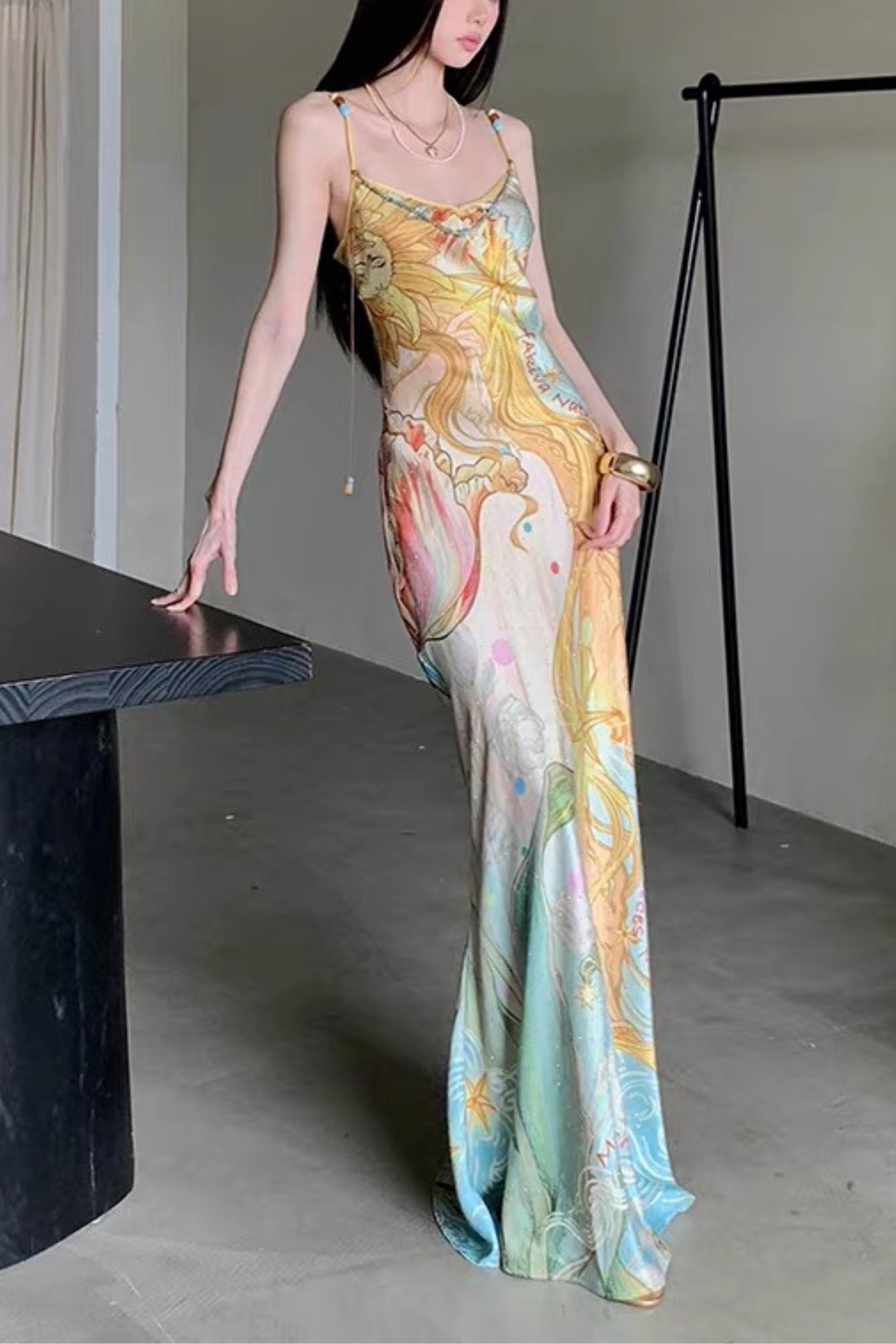 Chloe Vintage Sun Ocean Print Satin Spaghetti Strap Dress Avalabel