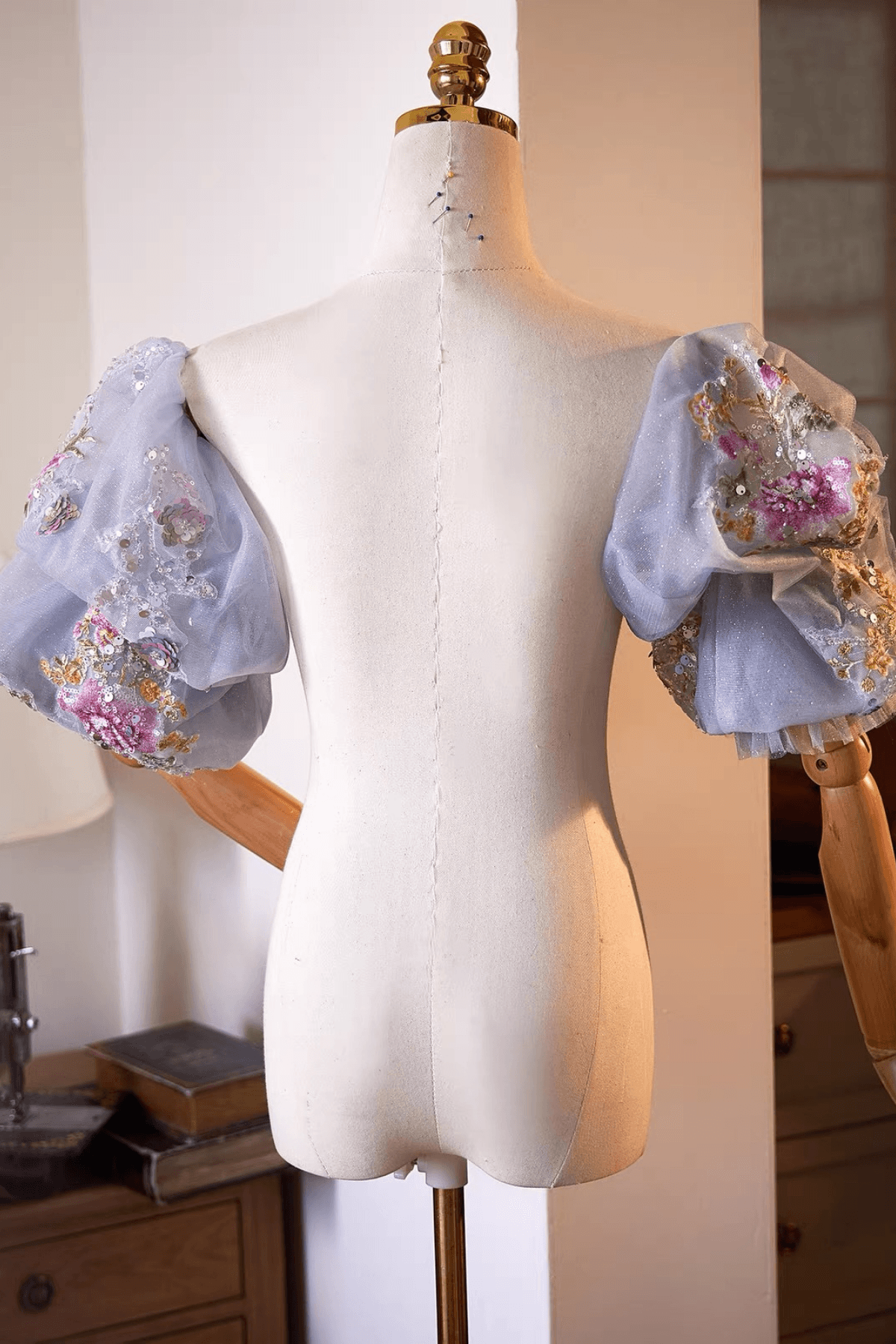 Light Blue Floral Embroidery Sheer Tulle Puff Sleeves Avalabel