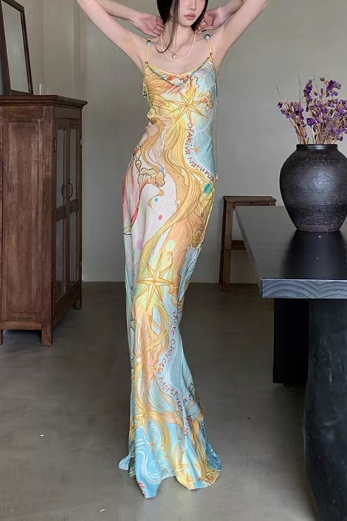 Chloe Vintage Sun Ocean Print Satin Spaghetti Strap Dress Avalabel
