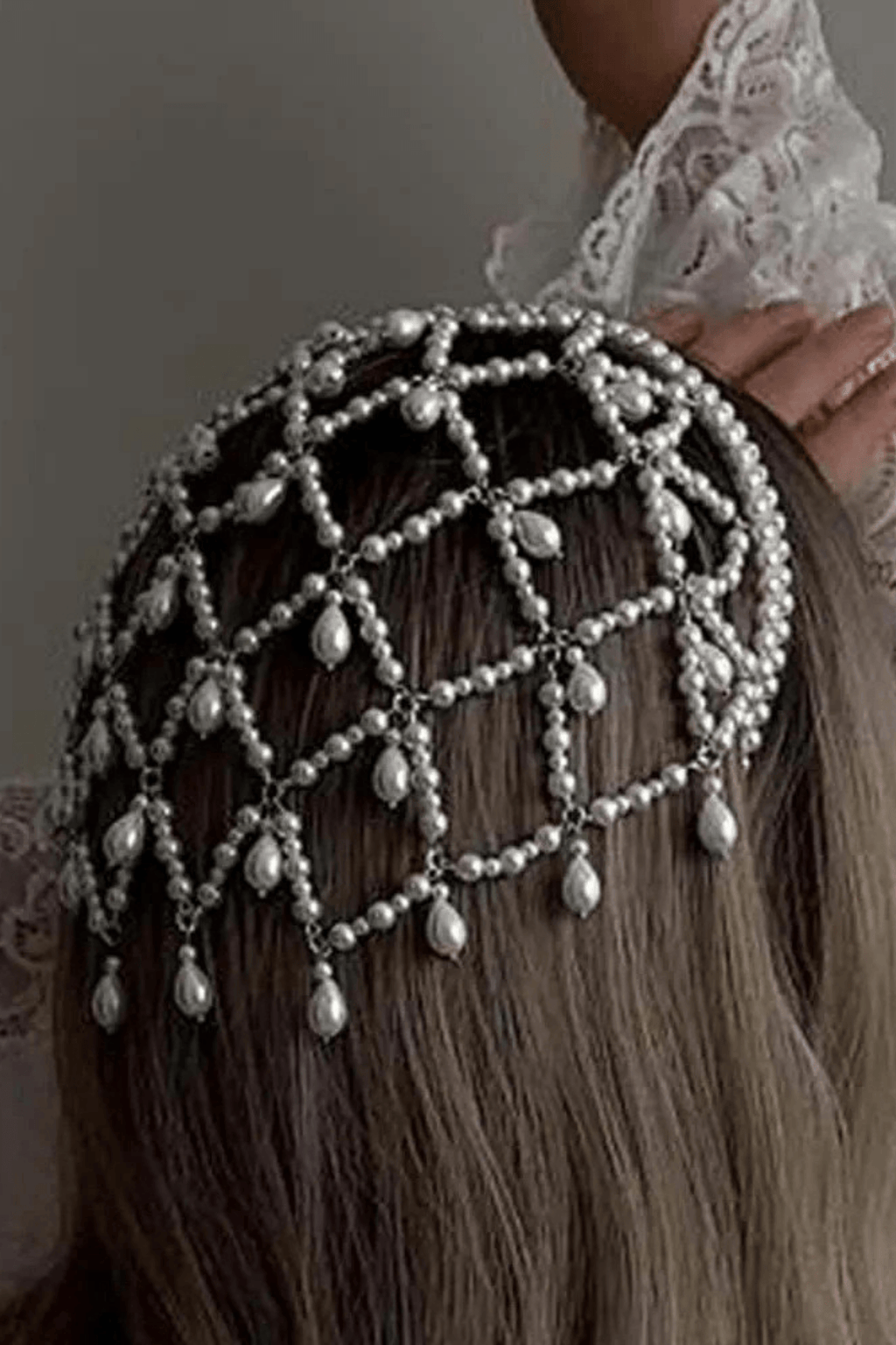 Silver Tone Pearl Mesh Head Cage With Teardrop Drops Avalabel