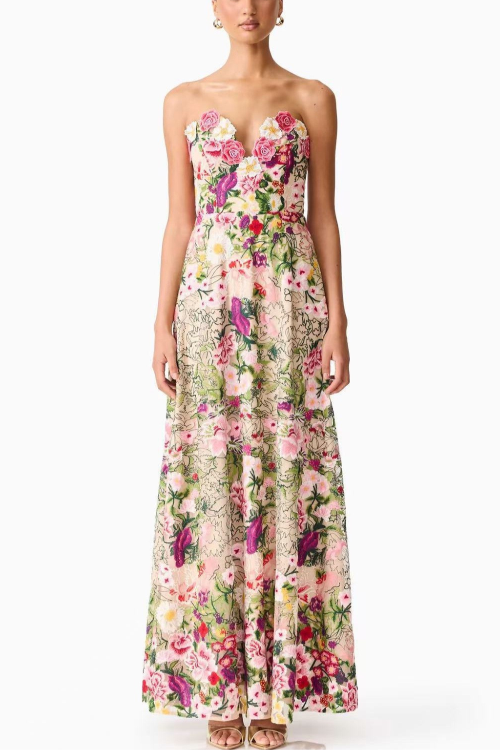 Amelia Strapless 3D Floral Applique Printed A-Line Maxi Dress Avalabel