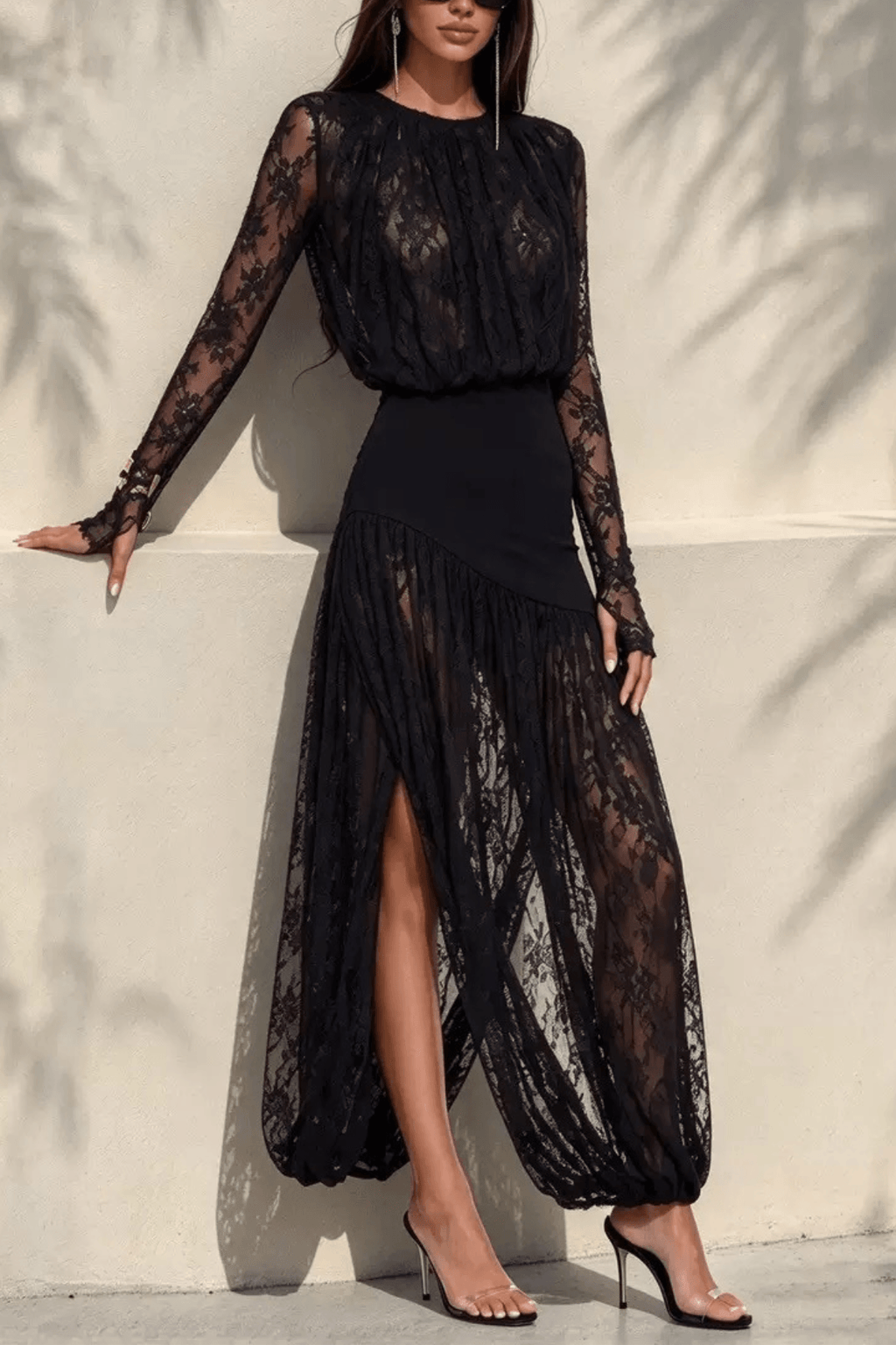 Liora Black Long Sleeve Lace Maxi Dress Avalabel