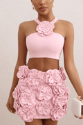 Ella Pink Floral Embellished Crop Top Two Piece Dress Avalabel