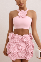 Ella Pink Floral Embellished Crop Top Two Piece Dress Avalabel