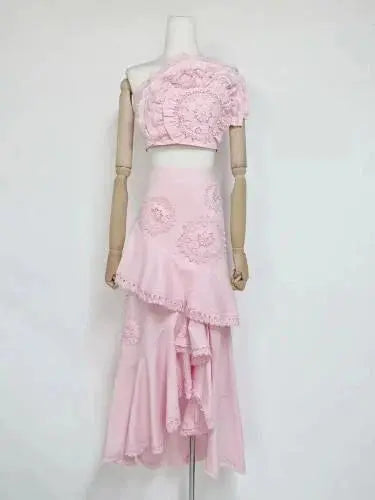 Nina Ruffled Strapless Top Floral Embroidered Mermaid Skirt Set - Pink Avalabel