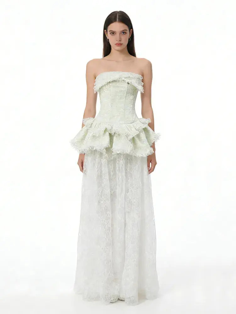 tiffany fitted lace-paneled Strapless maxi dress in green Avalabel