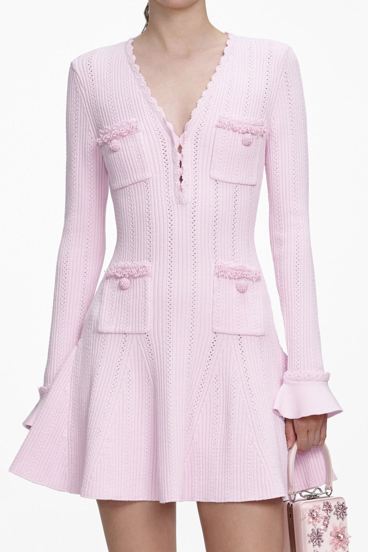 xylia Pink Pearl Trim v-neck Knit Mini Dress Avalabel