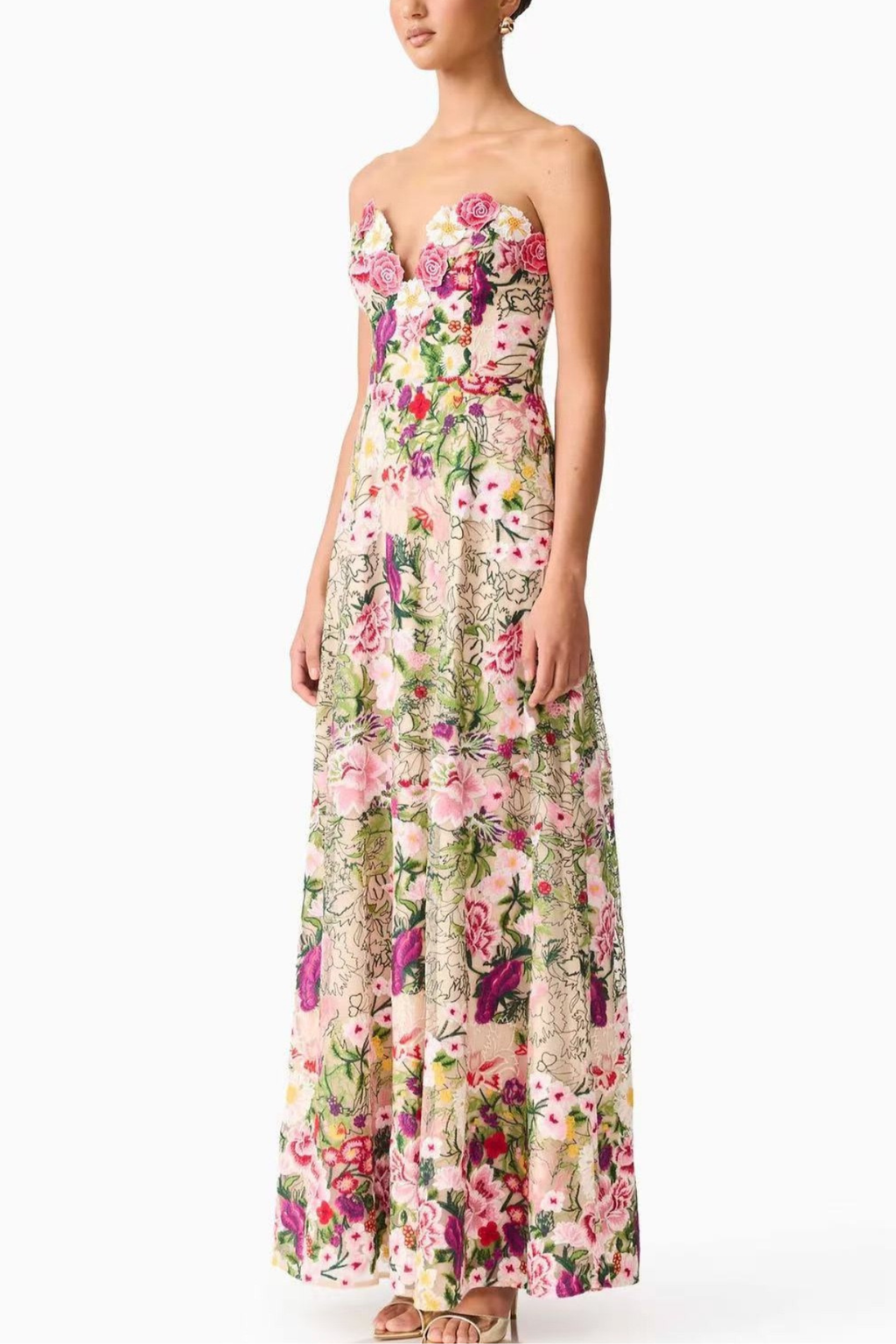 Amelia Strapless 3D Floral Applique Printed A-Line Maxi Dress Avalabel