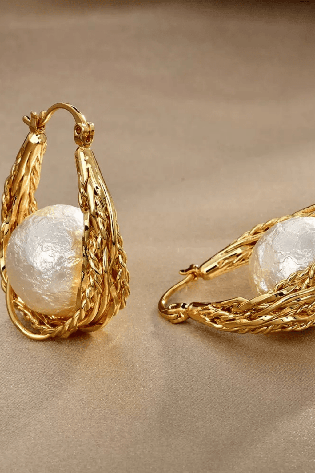 Braided Gold Hoop Wrapped Cotton Pearl Earrings Avalabel