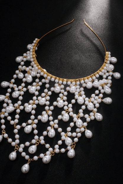 Silver Tone Pearl Mesh Head Cage With Teardrop Drops Avalabel