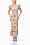 Olivia Square Neck Puff Sleeve 3D Floral Embroidery Mesh Dress Avalabel