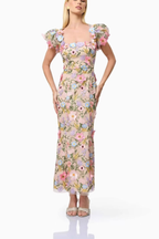Olivia Square Neck Puff Sleeve 3D Floral Embroidery Mesh Dress Avalabel