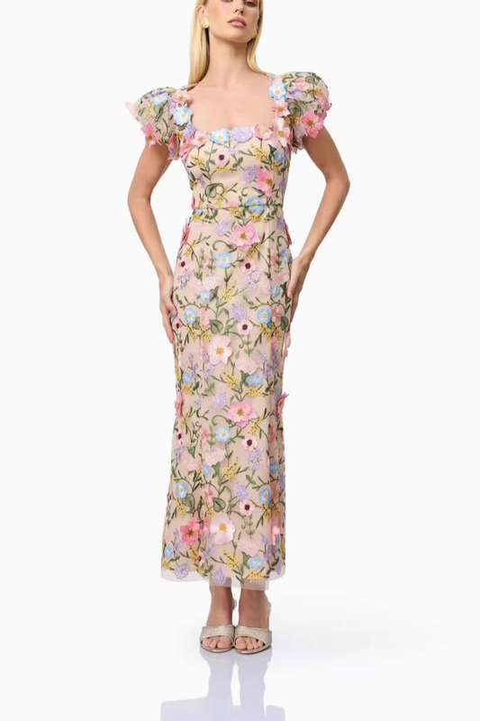 Olivia Square Neck Puff Sleeve 3D Floral Embroidery Mesh Dress