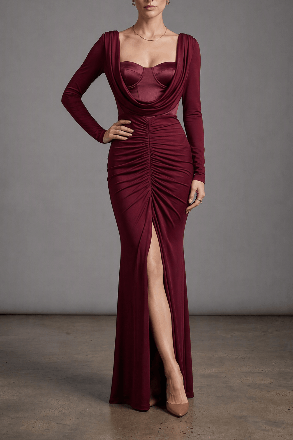 Burgundy Long Sleeve Ruched Mermaid Dress Avalabel
