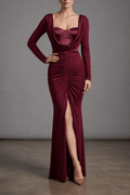 Burgundy Long Sleeve Ruched Mermaid Dress Avalabel