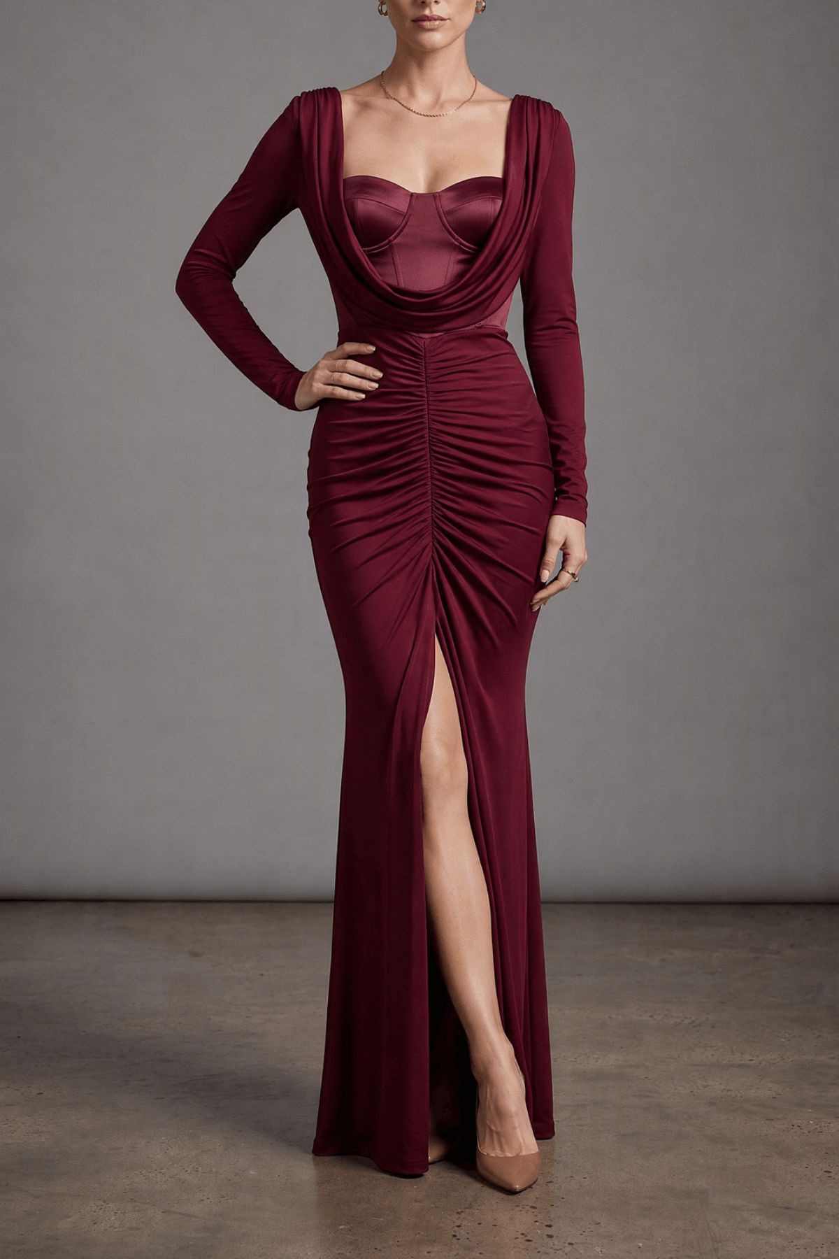 Burgundy Long Sleeve Ruched Mermaid Dress Avalabel