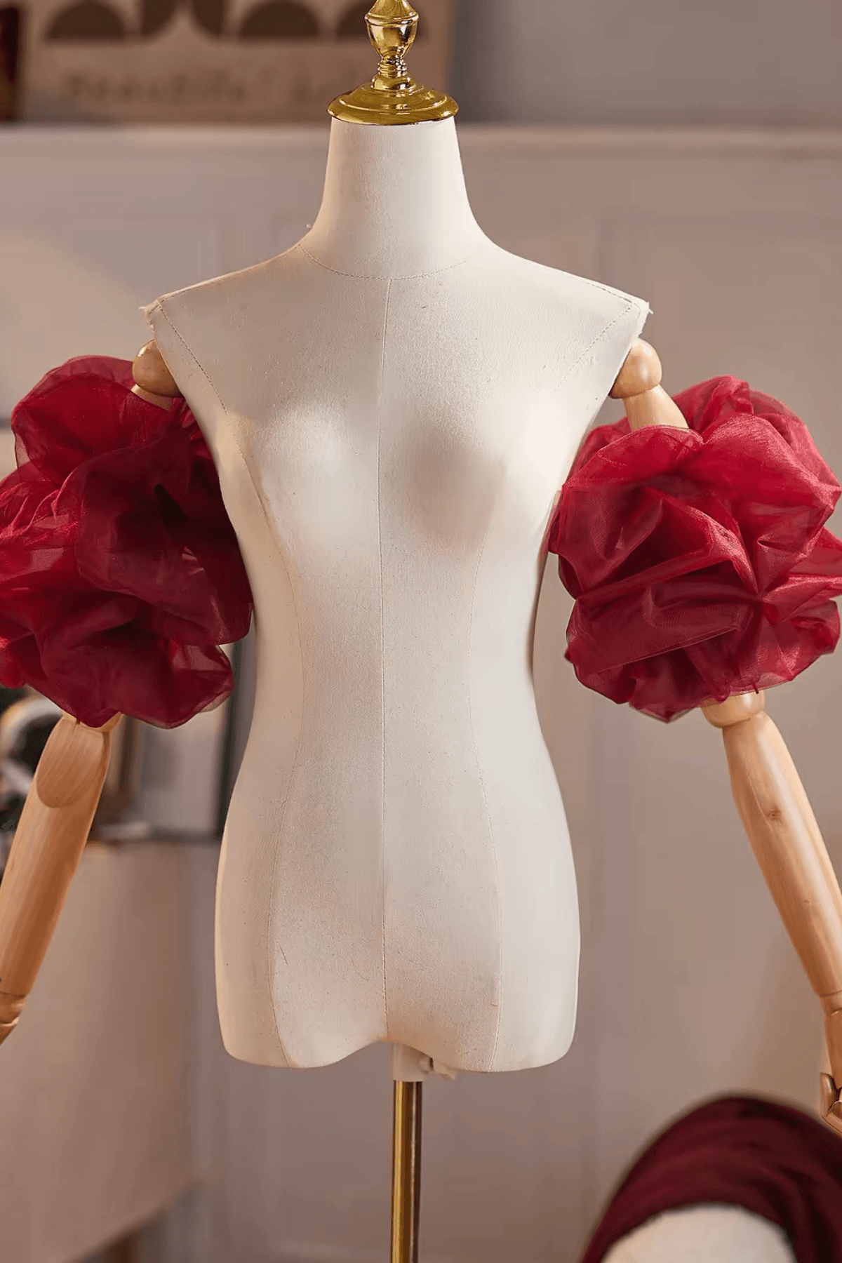 Burgundy Organza Puffy Detachable Short Sleeves Avalabel