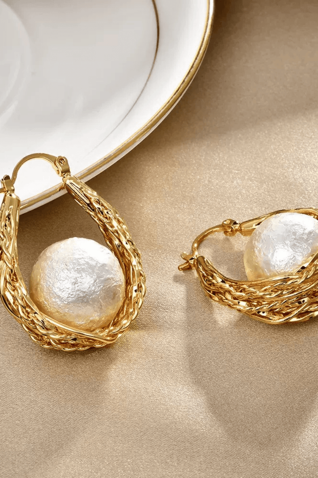Braided Gold Hoop Wrapped Cotton Pearl Earrings Avalabel