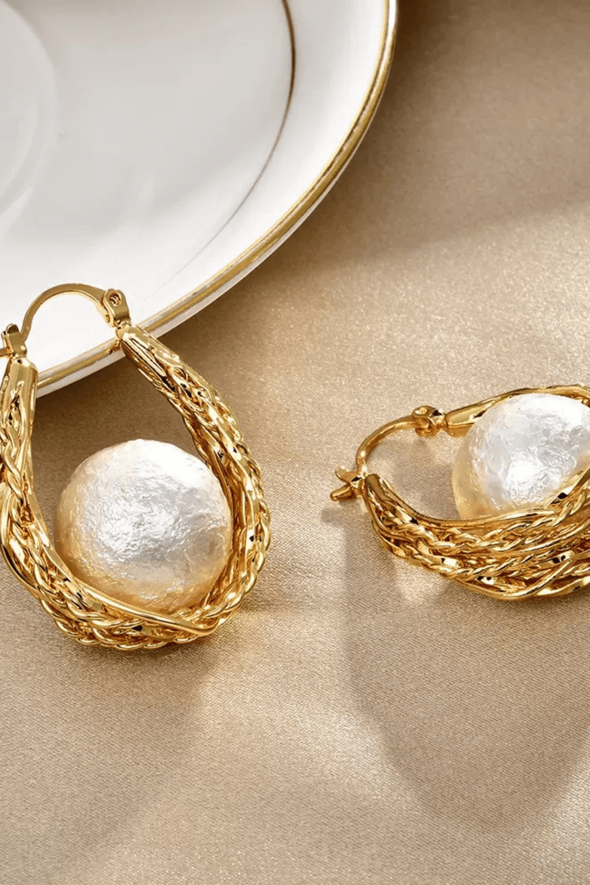 Braided Gold Hoop Wrapped Cotton Pearl Earrings Avalabel