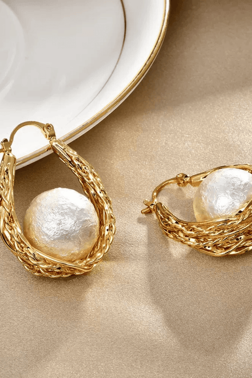 Braided Gold Hoop Wrapped Cotton Pearl Earrings Avalabel