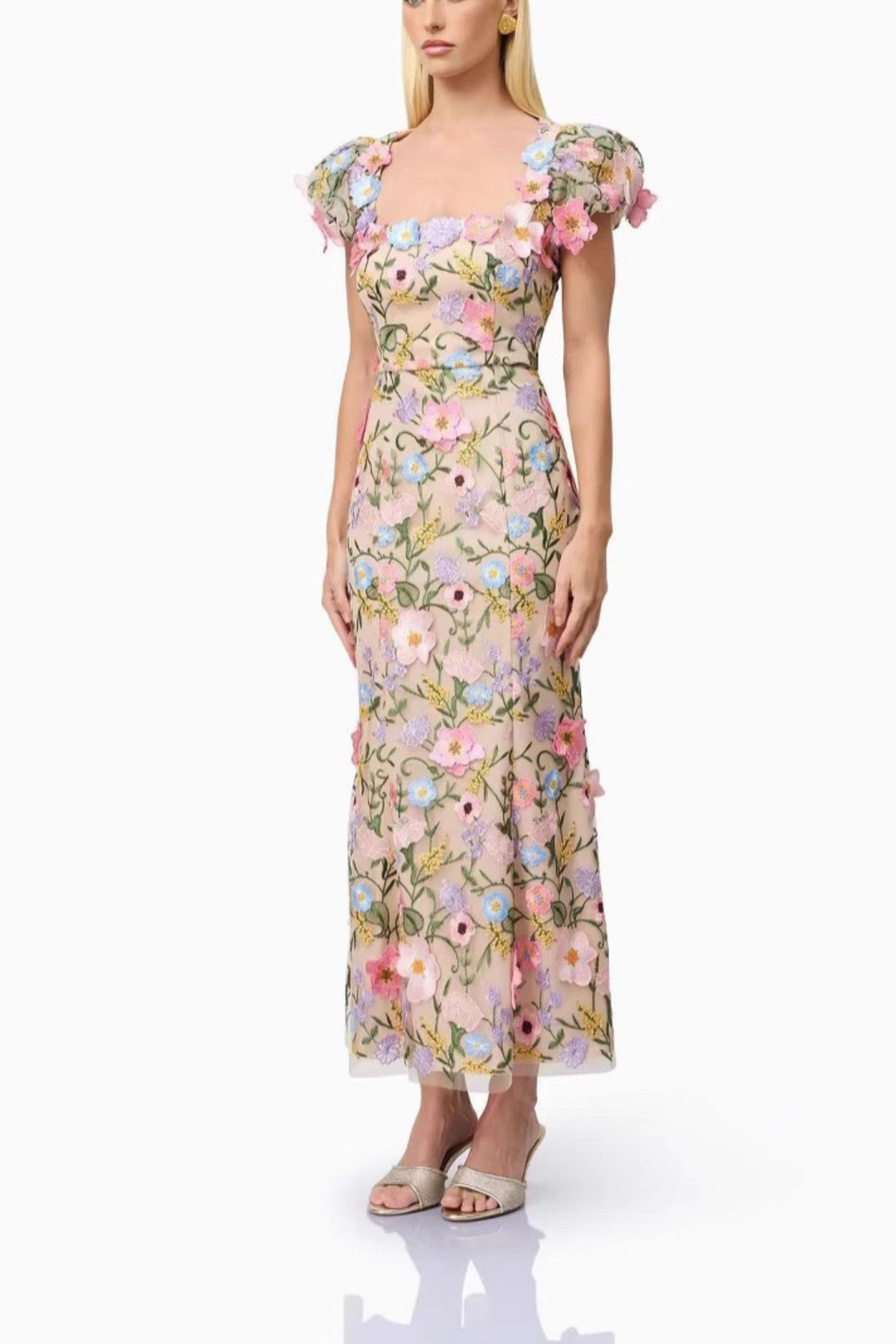 Olivia Square Neck Puff Sleeve 3D Floral Embroidery Mesh Dress Avalabel