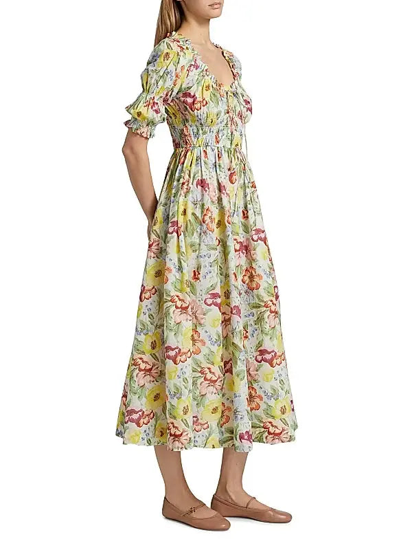 tobey Ischia Floral Smocked Midi Dress Avalabel
