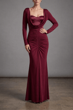 Burgundy Long Sleeve Ruched Mermaid Dress Avalabel