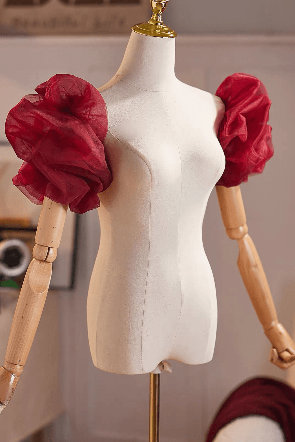 Burgundy Organza Puffy Detachable Short Sleeves Avalabel
