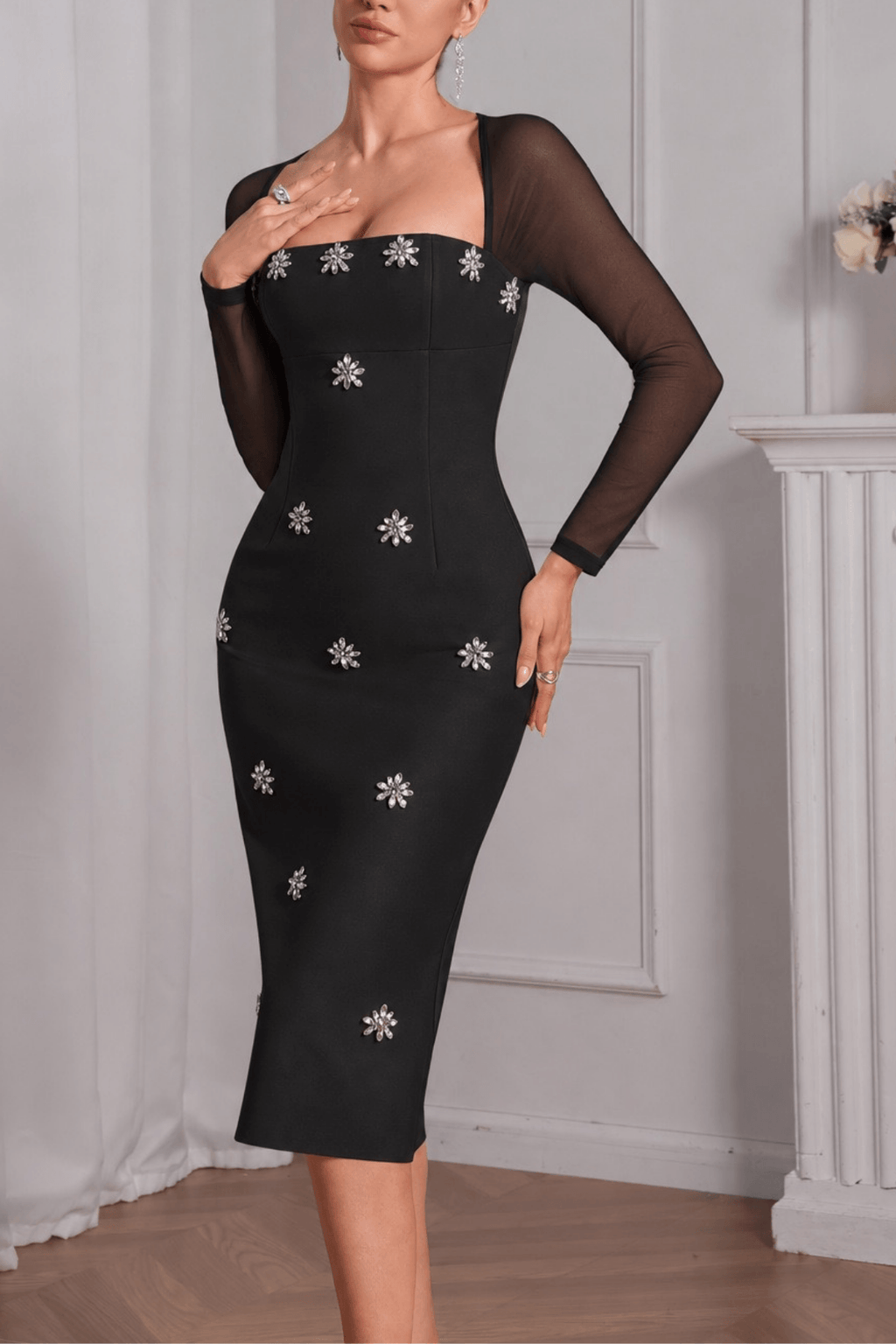 Erica Sheer Long Sleeve Beaded Evening Dress Avalabel