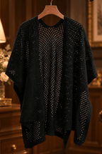 Black Hollow Knit Open Front Shawl Avalabel