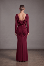 Burgundy Long Sleeve Ruched Mermaid Dress Avalabel