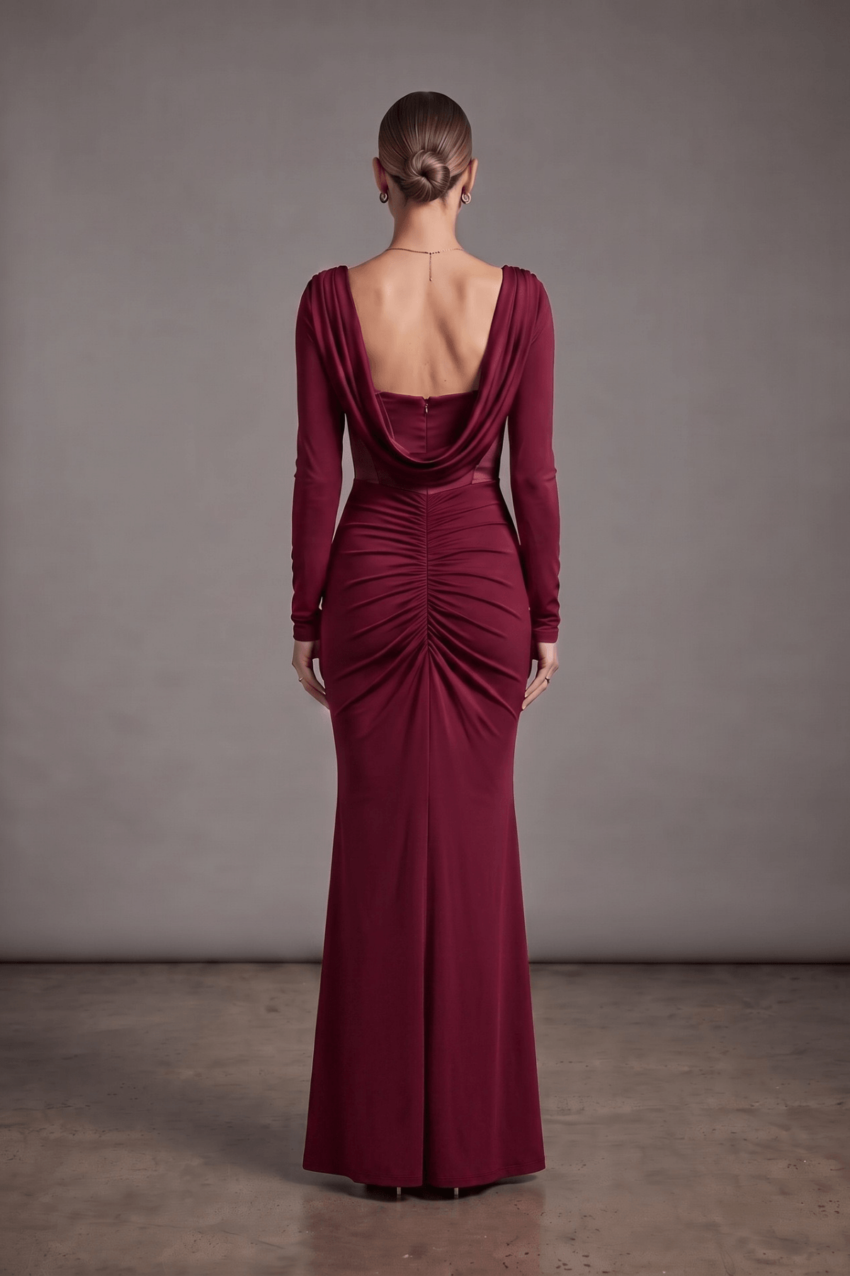 Burgundy Long Sleeve Ruched Mermaid Dress Avalabel