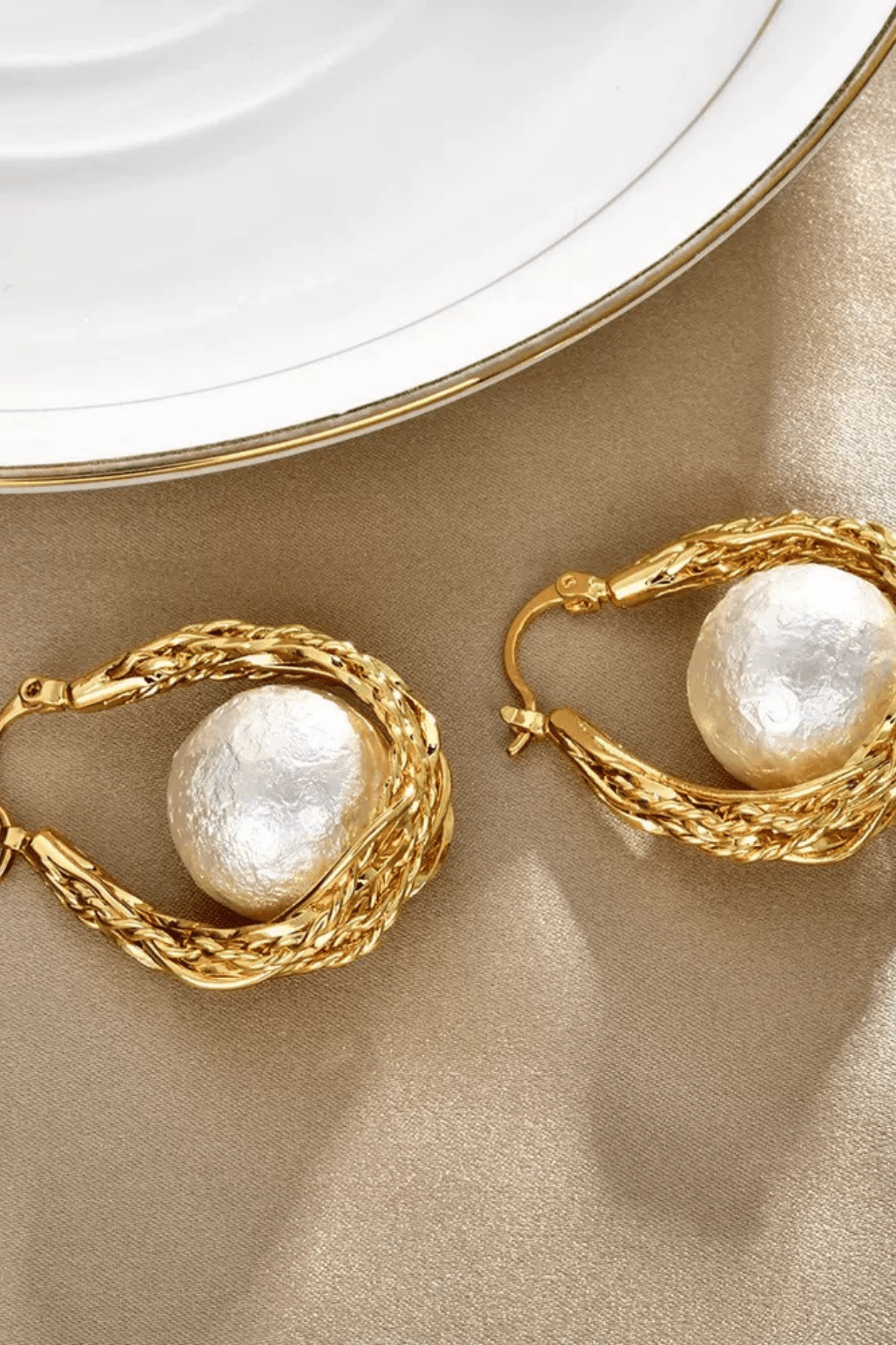 Braided Gold Hoop Wrapped Cotton Pearl Earrings Avalabel