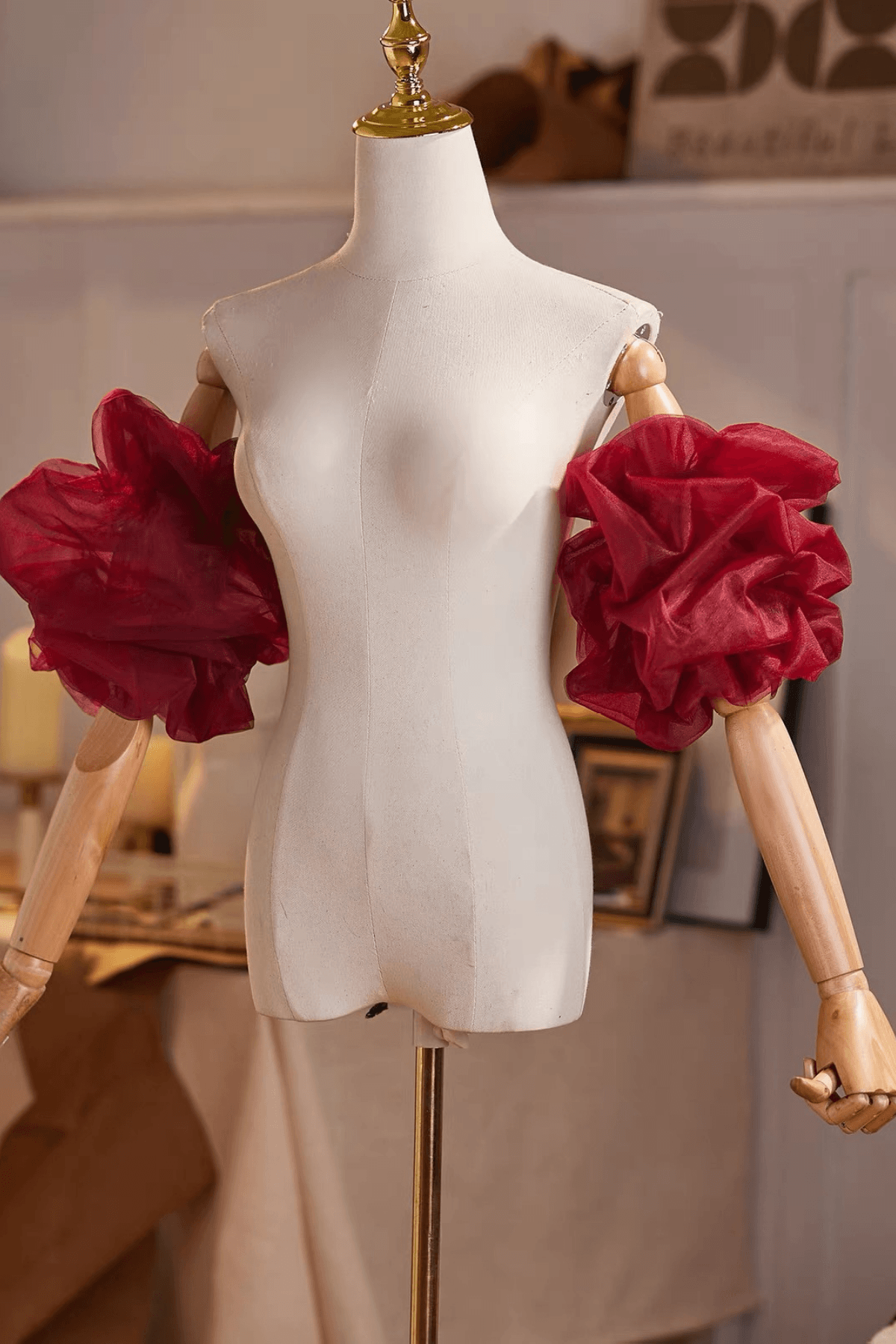 Burgundy Organza Puffy Detachable Short Sleeves Avalabel