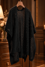 Black Hollow Knit Open Front Shawl Avalabel