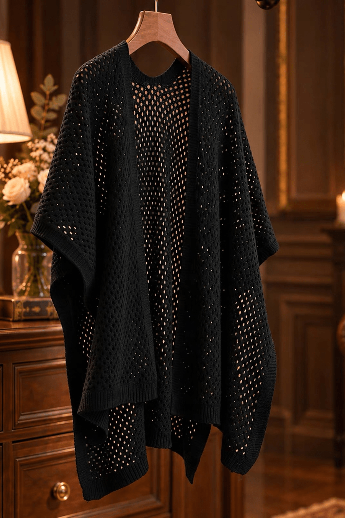 Black Hollow Knit Open Front Shawl Avalabel