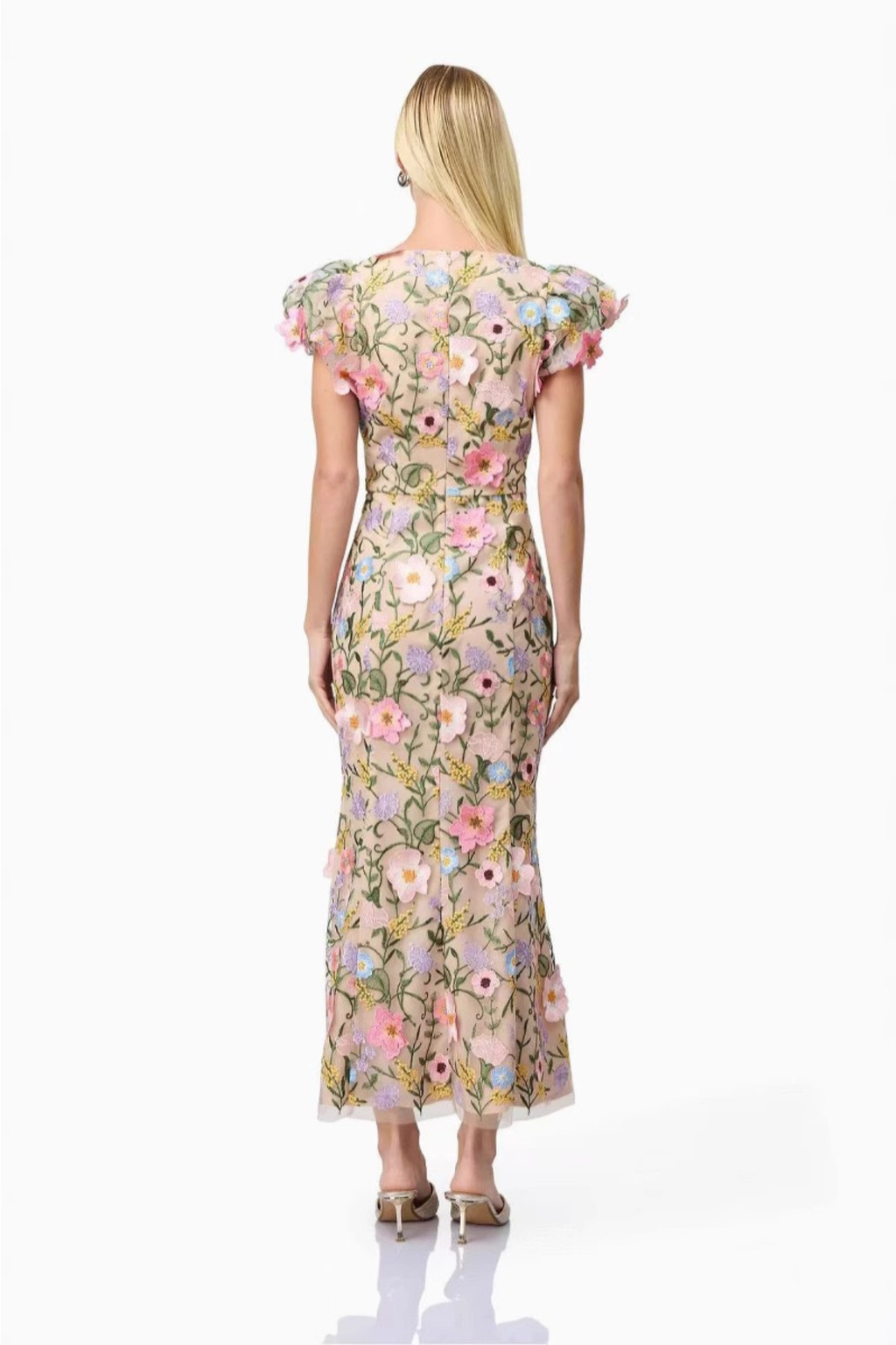Olivia Square Neck Puff Sleeve 3D Floral Embroidery Mesh Dress Avalabel