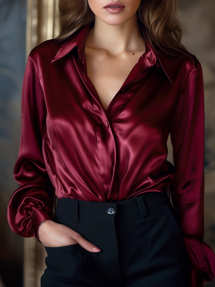 Elegant Black Satin Long Sleeves Blouse Avalabel
