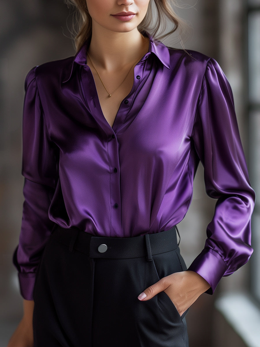 Elegant Black Satin Long Sleeves Blouse Avalabel