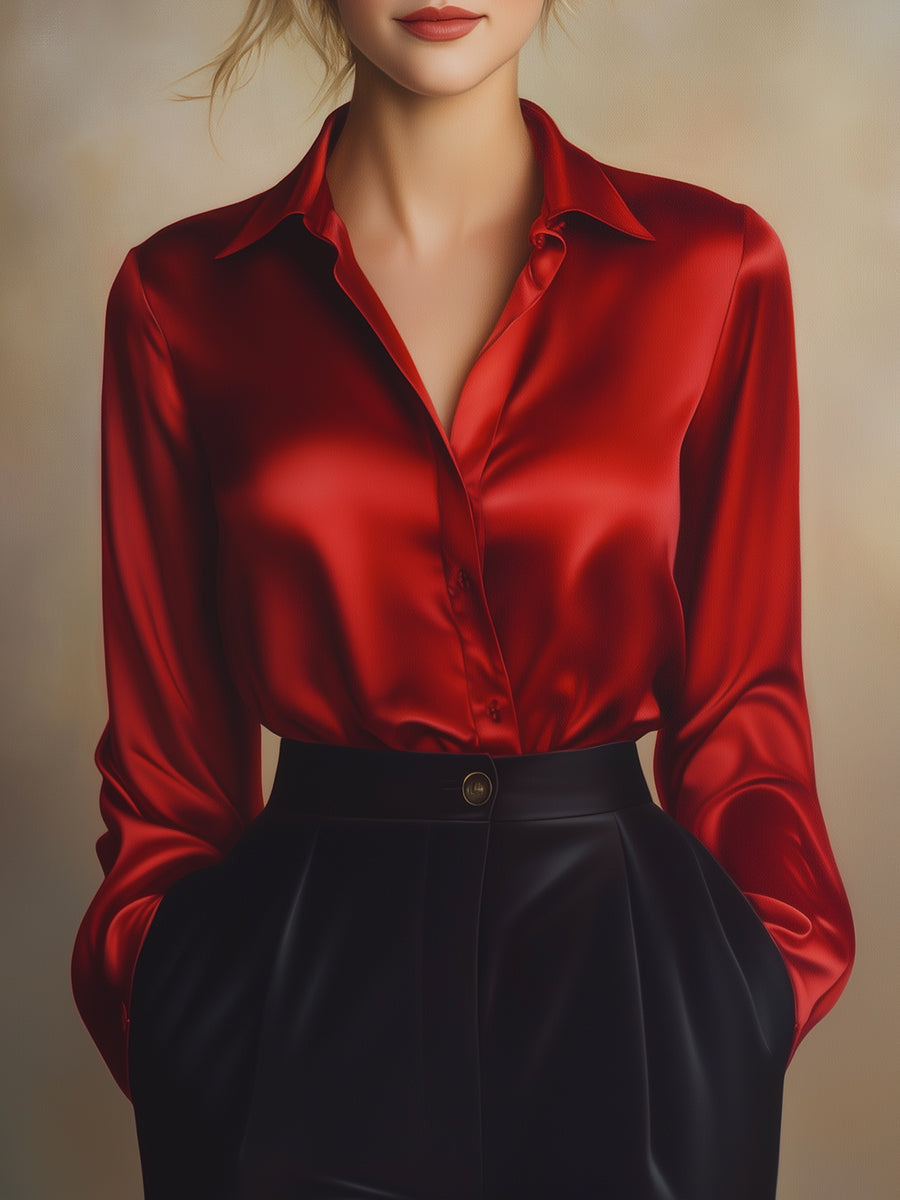 Elegant Black Satin Long Sleeves Blouse Avalabel