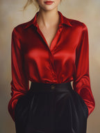 Elegant Black Satin Long Sleeves Blouse Avalabel