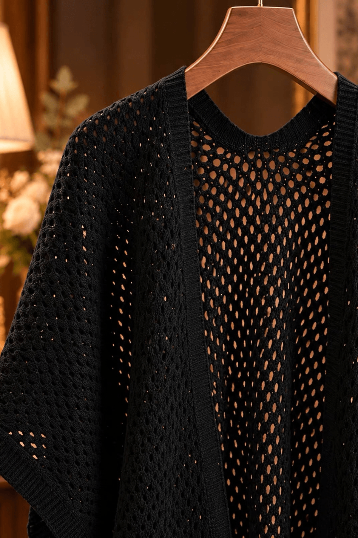 Black Hollow Knit Open Front Shawl Avalabel