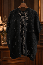 Black Hollow Knit Open Front Shawl Avalabel