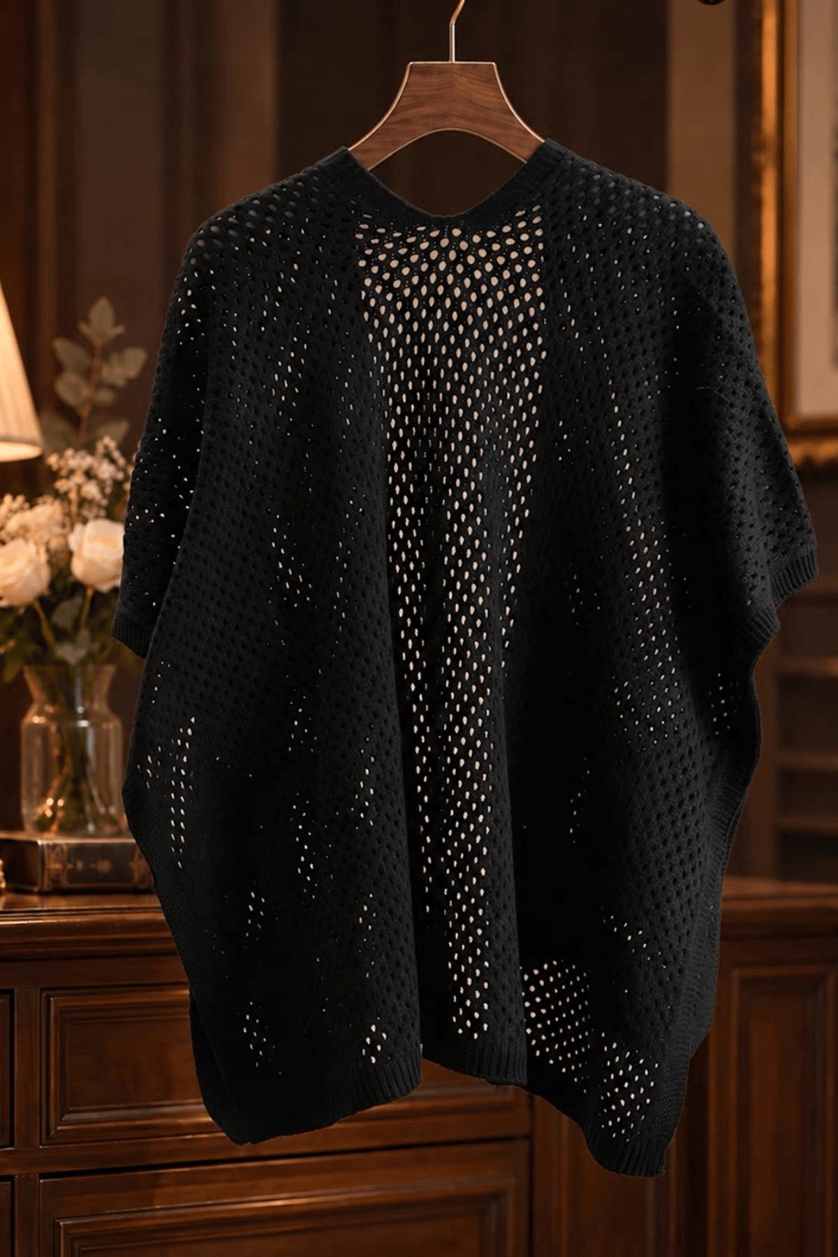 Black Hollow Knit Open Front Shawl Avalabel