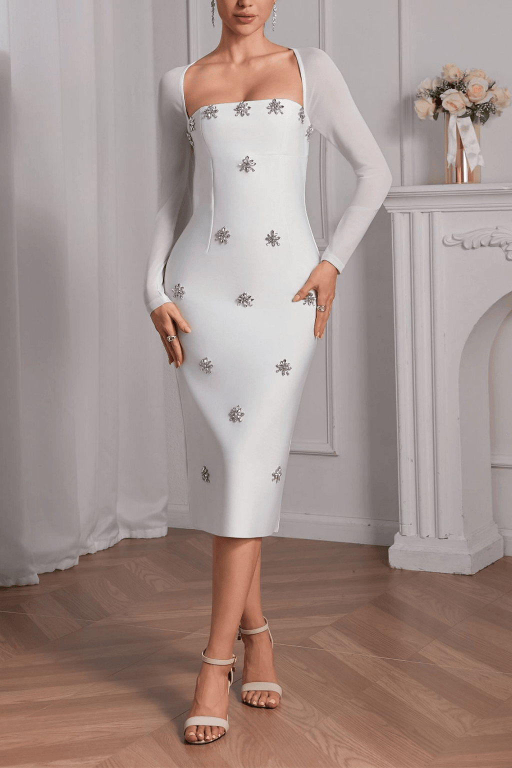 Erica Sheer Long Sleeve Beaded Evening Dress Avalabel
