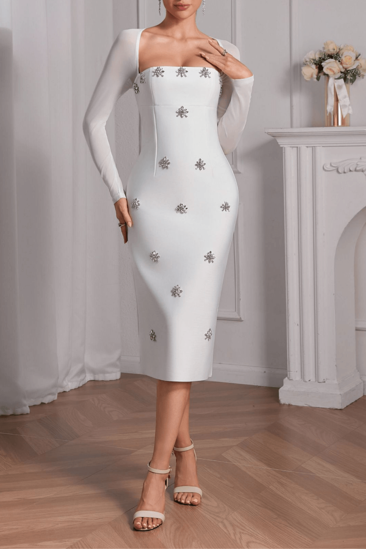 Erica Sheer Long Sleeve Beaded Evening Dress Avalabel