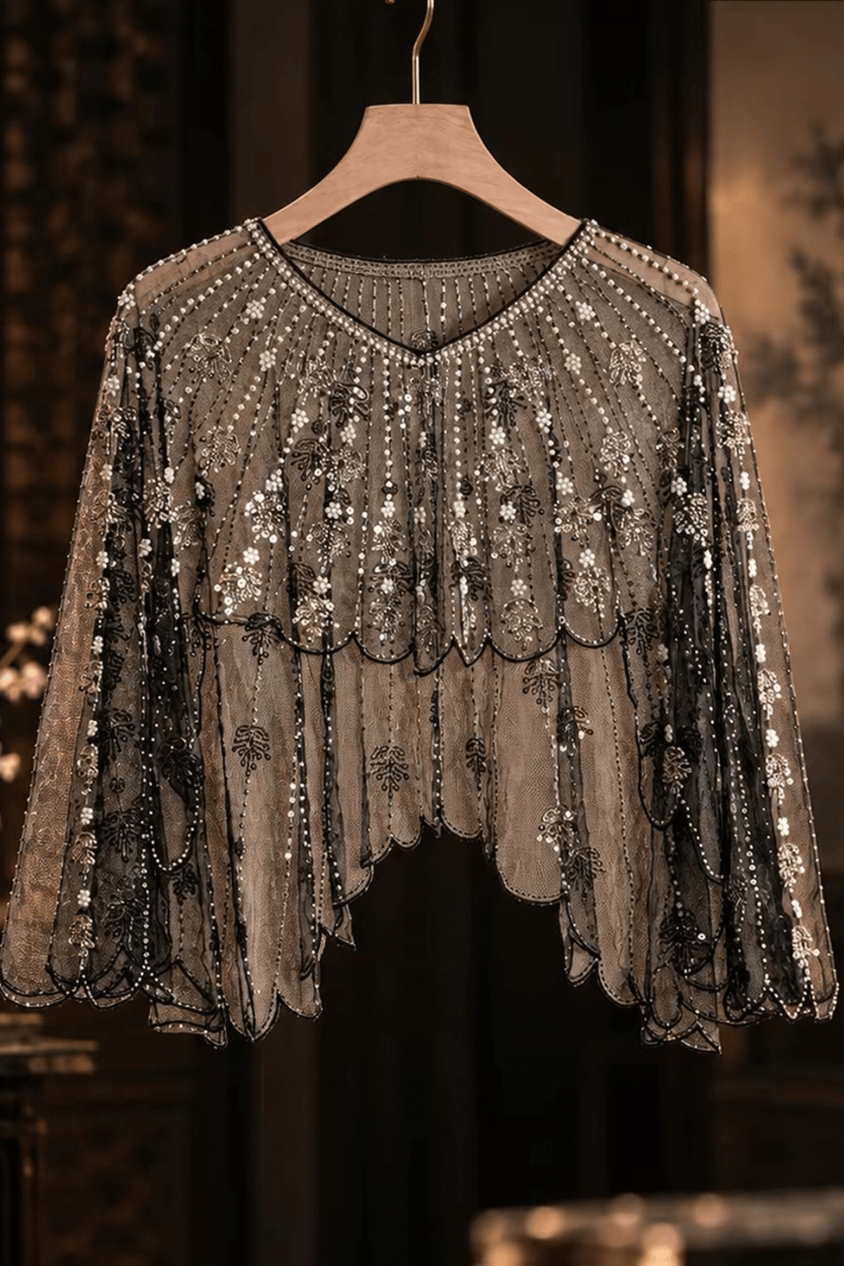 Beaded Sheer Mesh Scalloped Shawl Avalabel