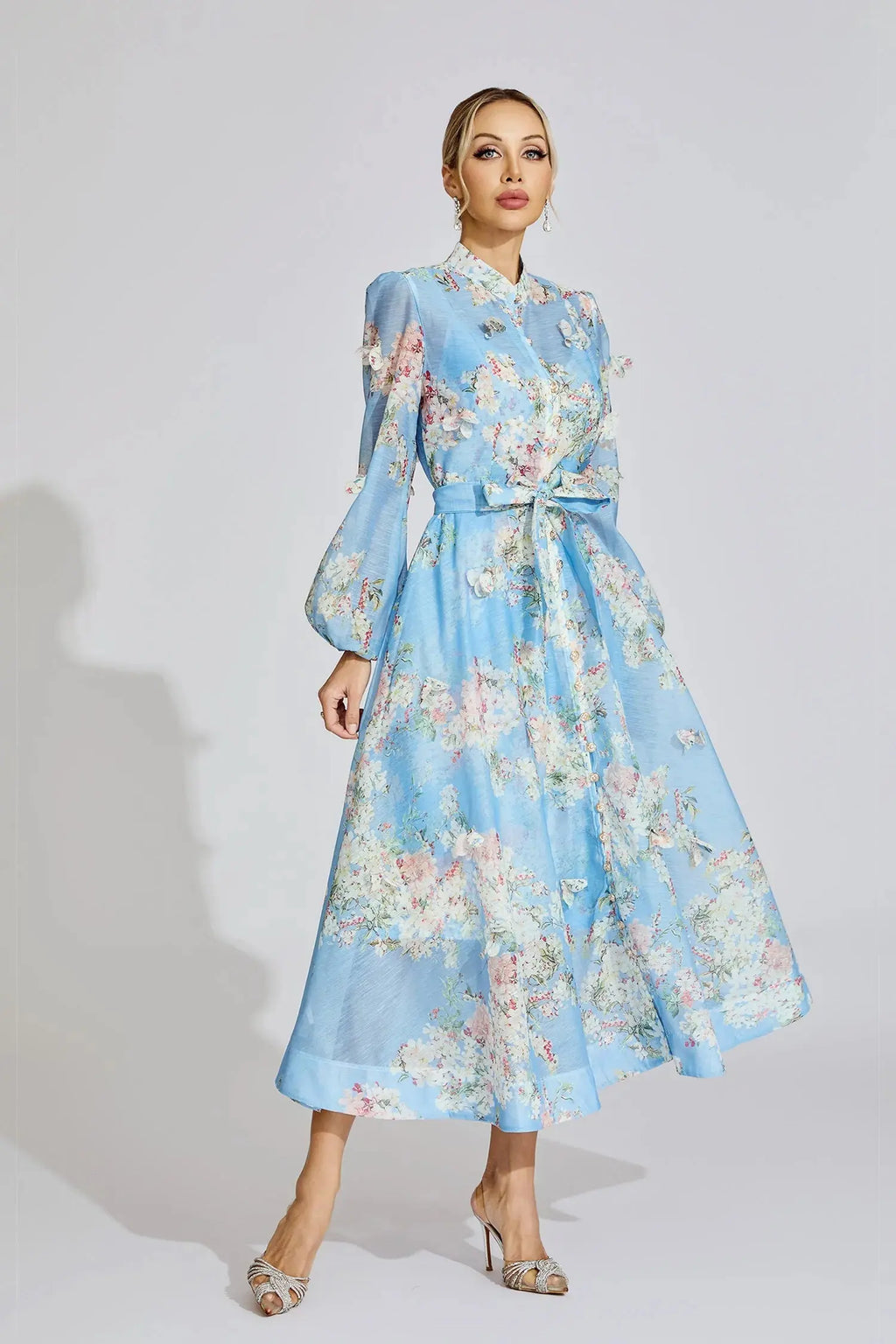 Tiffany Pale Blue Floral Printed Puff Sleeve Maxi Dress Avalabel