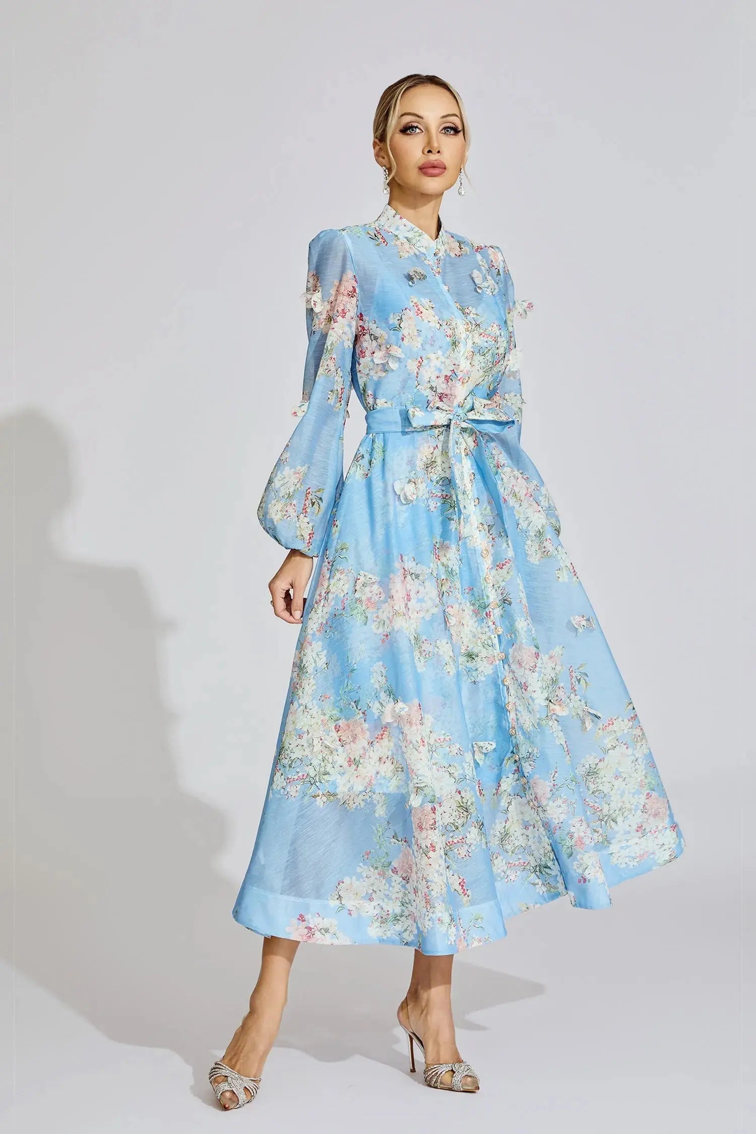 Tiffany Pale Blue Floral Printed Puff Sleeve Maxi Dress Avalabel